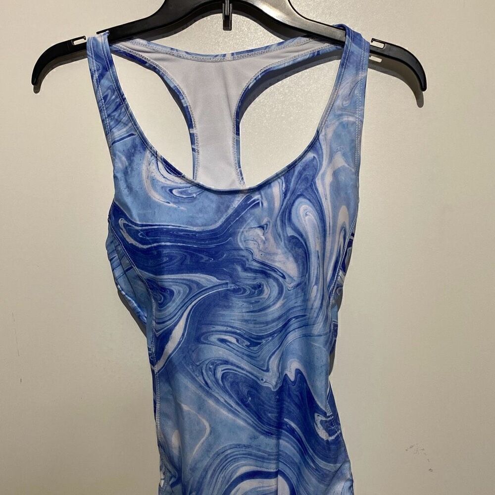 Nicole Miller Studio Women‎ Blue Marble Racerback One Piece Swimsuit Padded M